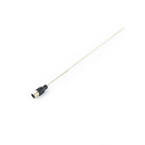 A J Type Thermocouple made from mineral insulated cable with an overmoulded black M12 connector